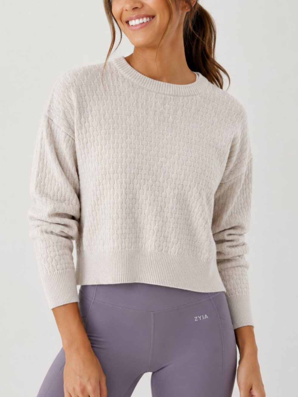 Zyia Active Cable Knit Crewneck Sweater Tan NWOT XS